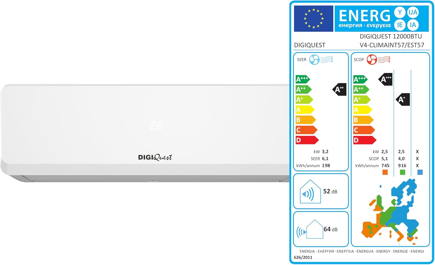 Climatizzatore DIGIQUEST 12000BTU V4/V5 A+++/ A++ Inverter WI-FI CLIMA00057/63
